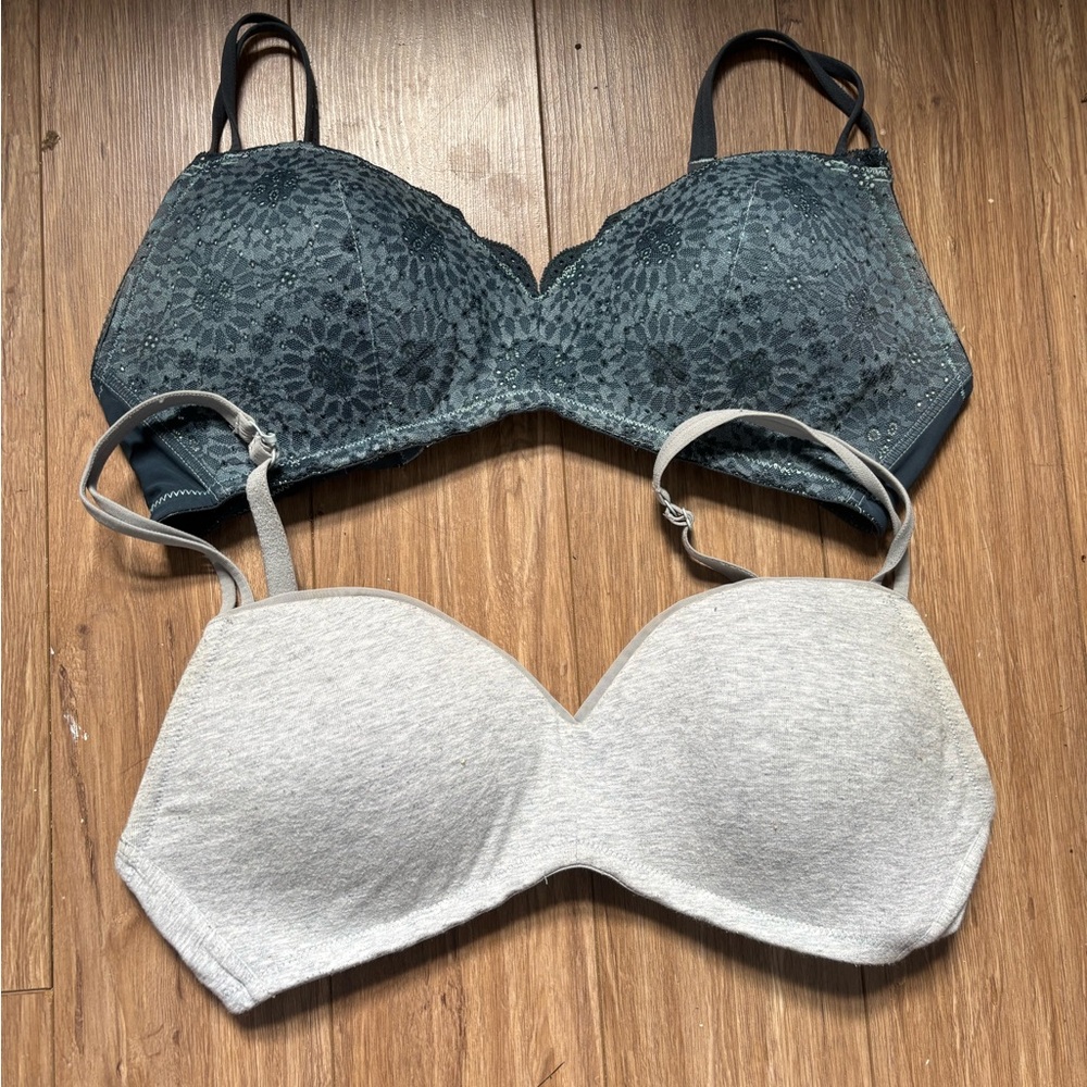 32ddd/32f Aerie Lace and Cotton Wireless Bra Set - Gray and Black